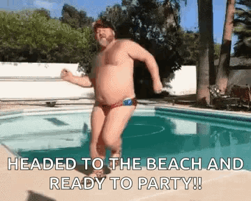 A Shirtless Man Is Jumping Into A Pool With The Words Headed To The Beach And Ready To Party GIF