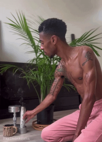 A Shirtless Man Is Kneeling Down In Front Of A Potted Plant With The Name Kalvinkosha On The Bottom Right GIF