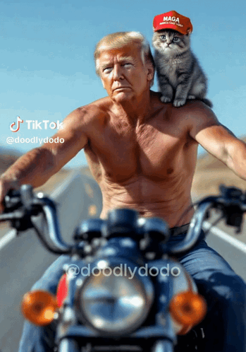 a shirtless man is riding a motorcycle with a cat on his shoulder and a maga hat on