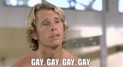 A Shirtless Man Is Saying Gay , Gay , Gay , Gay In A Bathroom . GIF