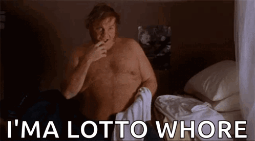 A Shirtless Man Is Sitting On A Bed Smoking A Cigarette And Saying `` I 'Ma Lotto Whore '' . GIF