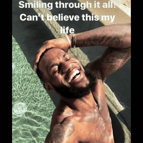 A Shirtless Man Is Smiling By A Pool With The Caption Smiling Through It All GIF