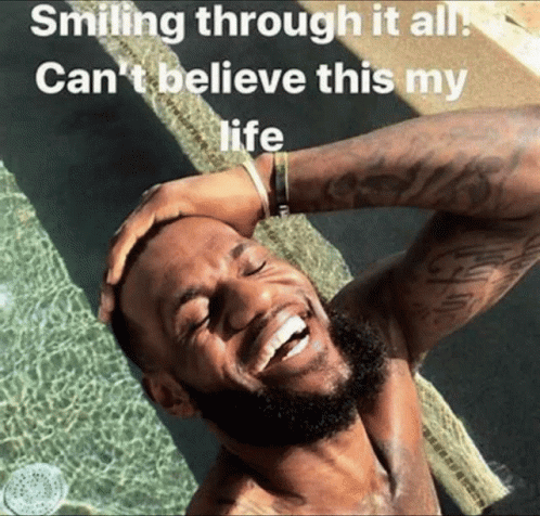 A Shirtless Man Is Smiling In Front Of A Pool With The Caption Smiling Through It All GIF