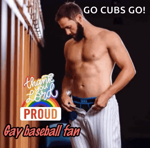 a shirtless man is standing in a locker room with the words go cubs go proud gay baseball fan