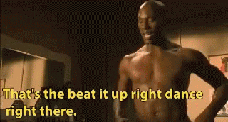 A Shirtless Man Is Standing In A Room With The Words `` That 'S The Beat It Up Right Dance Right There '' . GIF