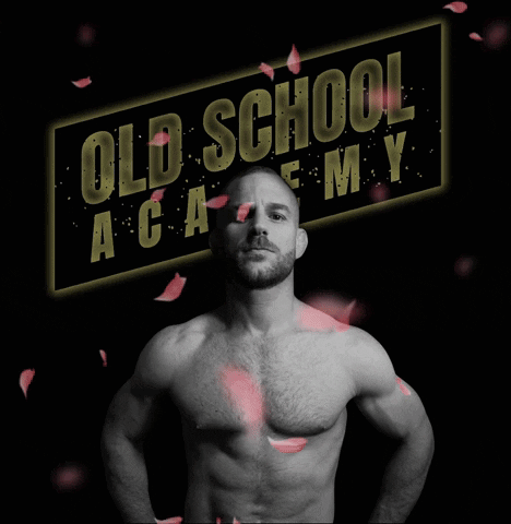 A Shirtless Man Is Standing In Front Of A Sign That Says Old School Academy GIF