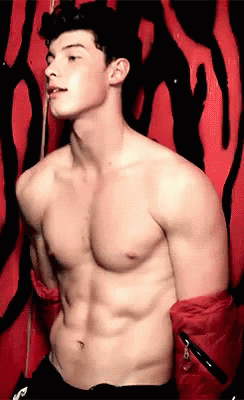 A Shirtless Man Is Standing In Front Of A Zebra Print Wall GIF