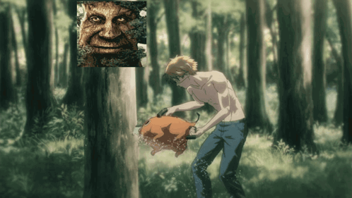 A Shirtless Man Is Standing In The Woods Holding A Pumpkin GIF