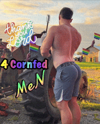 A Shirtless Man Is Standing Next To A Tractor With The Words Thank You Lord 4 Cornfed Men GIF