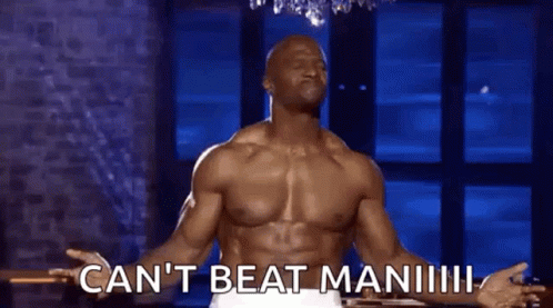 A Shirtless Man Is Standing With His Arms Outstretched And Says `` Can 'T Beat Man ! '' GIF