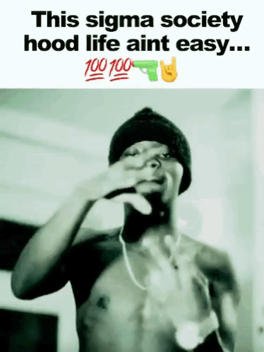 A Shirtless Man Making A Hood Life Sign With A Gun In The Background GIF