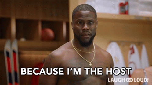 a shirtless man says because i 'm the host laugh out loud