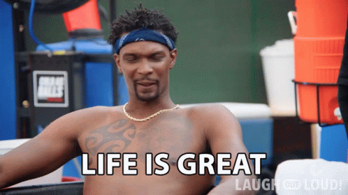 A Shirtless Man Says Life Is Great In A Laugh Out Loud Advertisement GIF