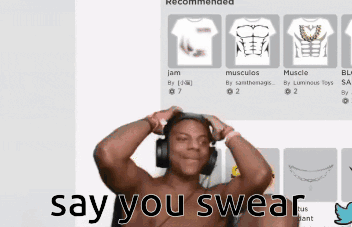 a shirtless man wearing headphones with the words say you swear below him