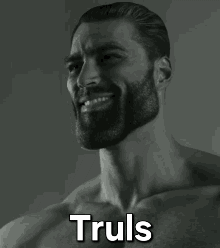 A Shirtless Man With A Beard Is Smiling In A Black And White Photo With The Words Truls . GIF