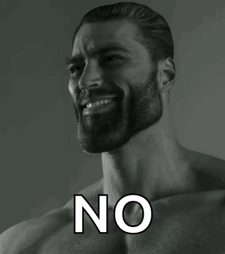 A Shirtless Man With A Beard Is Smiling With The Word No Above His Chest GIF