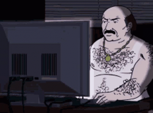 Man Shirtless With Mustache Sitting By Computer GIF