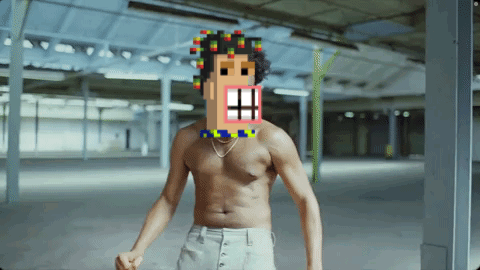 A Shirtless Man With A Pixel Face On His Face GIF