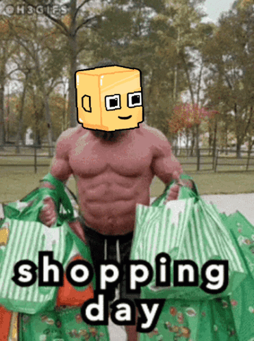 A Shirtless Man With A Yellow Box On His Head Holding Shopping Bags GIF