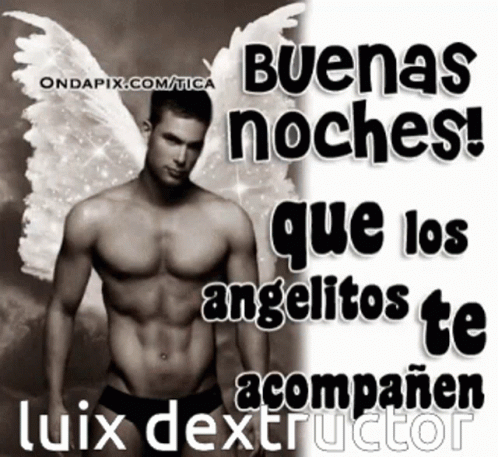A Shirtless Man With Angel Wings Says " Buenas Noches " GIF