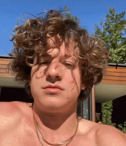 A Shirtless Man With Curly Hair Is Wearing A Necklace GIF