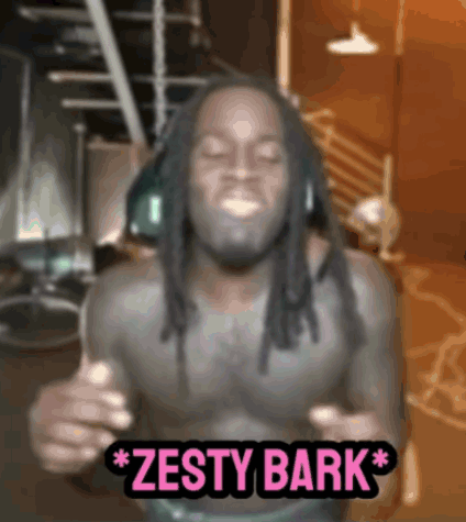 A Shirtless Man With Dreadlocks Is Wearing Headphones And Says Zesty Bark In Pink Letters GIF