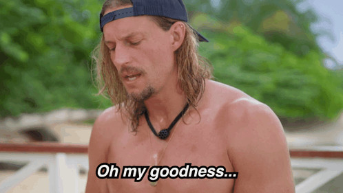 A Shirtless Man With Long Hair And A Hat Says " Oh My Goodness " GIF