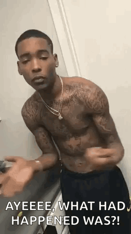 A Shirtless Man With Tattoos On His Arms And Chest Is Standing In A Room . GIF
