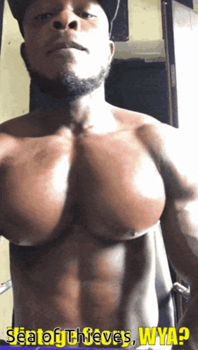 A Shirtless Man With The Words Sea Of Thieves Wya Written On The Bottom GIF
