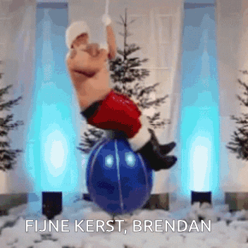 A Shirtless Santa Claus Is Balancing On A Blue Christmas Ball GIF