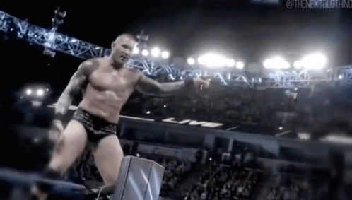 A Shirtless Wrestler Is Standing In A Ring With A Crowd Watching . GIF