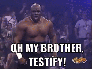 A Shirtless Wrestler Is Standing In Front Of A Crowd And Says Oh My Brother Testify GIF