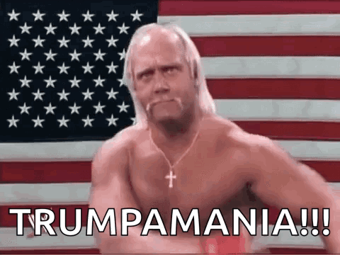 A Shirtless Wrestler Is Standing In Front Of An American Flag And Says Trumpamania ! GIF