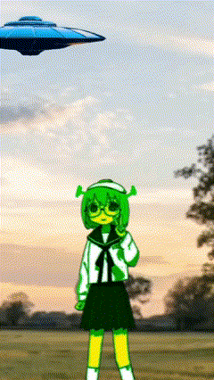 A Shrek Girl Is Standing In A Field With A Ufo In The Background GIF