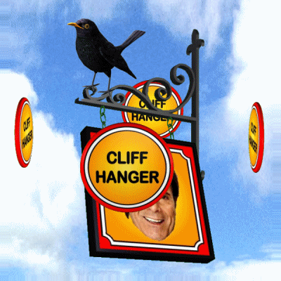 A Sign For Cliff Hanger With A Bird On Top GIF