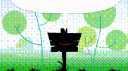 A Sign In A Field With Trees In The Background And A Speech Bubble . GIF