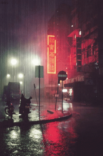 A Sign That Has Chinese Writing On It Is Lit Up In The Rain GIF