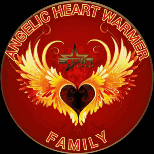 A Sign That Says Angelic Heart Warmer Family With Flaming Wings GIF