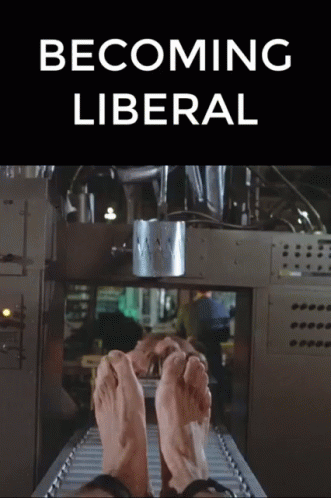 A Sign That Says Becoming Liberal With A Picture Of Feet On A Conveyor Belt GIF