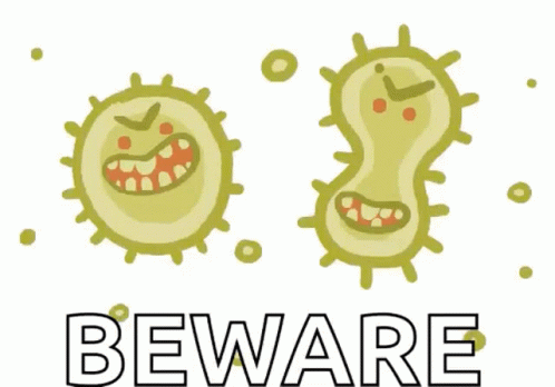 A Sign That Says Beware With A Picture Of A Virus GIF