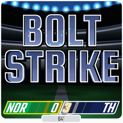 A Sign That Says Bolt Strike With A Score Of Nor 0-3 Th GIF