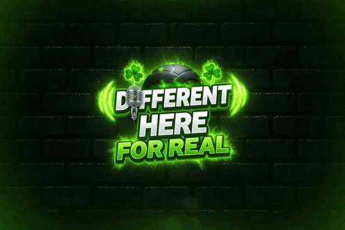 A Sign That Says Different Here For Real With A Microphone And Shamrocks GIF