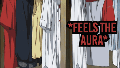 A Sign That Says Feels The Aura Hangs In A Closet GIF