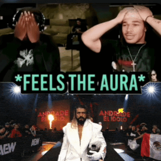 A Sign That Says " Feels The Aura " With A Man In A White Coat GIF