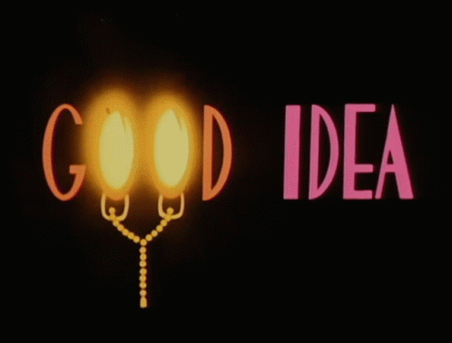 A Sign That Says " Good Idea " With A Light Coming Out Of It GIF