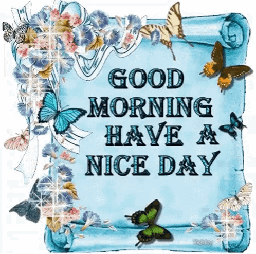 A Sign That Says Good Morning Have A Nice Day Surrounded By Butterflies GIF