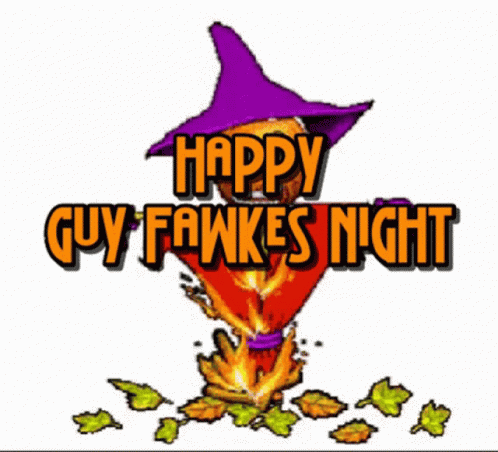 A Sign That Says Happy Guy Fawkes Night With A Witch Hat On GIF