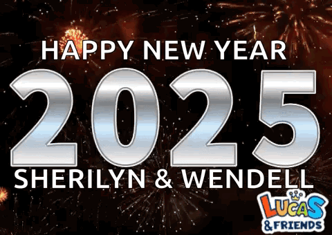 A Sign That Says Happy New Year 2025 With Fireworks Behind It GIF