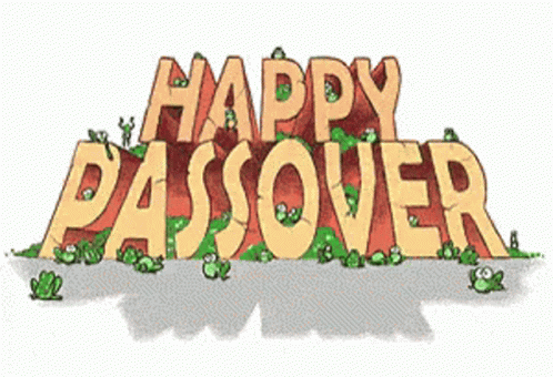A Sign That Says Happy Passover With Frogs In The Grass GIF
