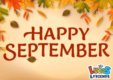 A Sign That Says Happy September With Leaves On It GIF